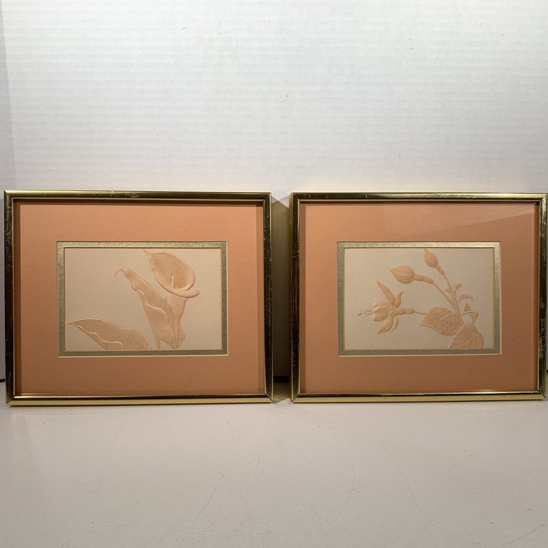 Pair Embossed Floral Art Reliefs Prints Wall Hangings Flowers Art Nouveau Style