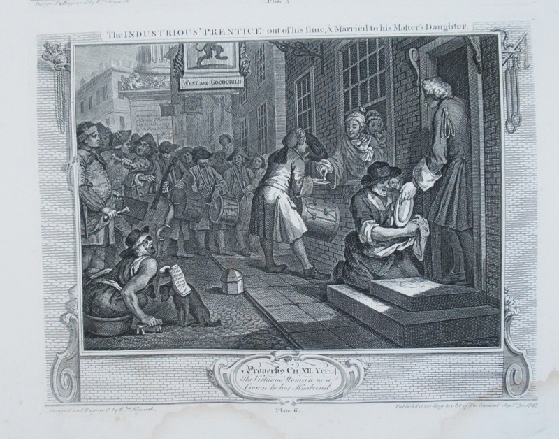 Eleven (of 12) original antique prints by William Hogarth, Industry and Idleness gallery