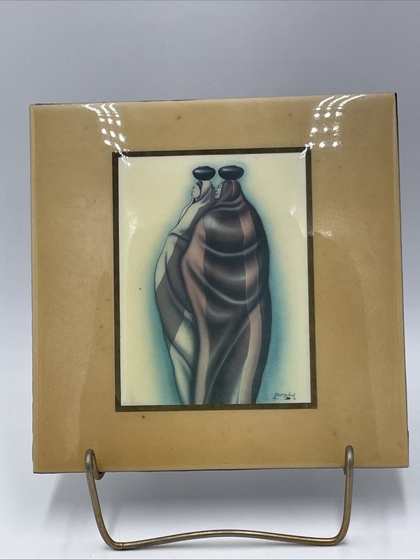 Tile Native American Signed By Kiowa Artist Robert Redbird 2 Women Pots On Head