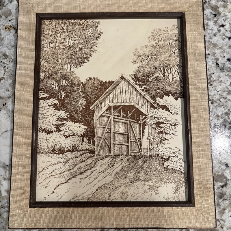 Rustic Handmade Etching Of Covered Bridge Framed Art (No Glass) 10”x12”