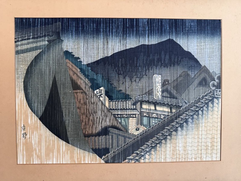 Junichiro Sekino “Tokaido 53 Stations – Shono” Woodblock Print Signed Framed 001