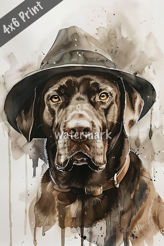 Dog Labrador in a detectives hat watercolor Art 4x6 Print