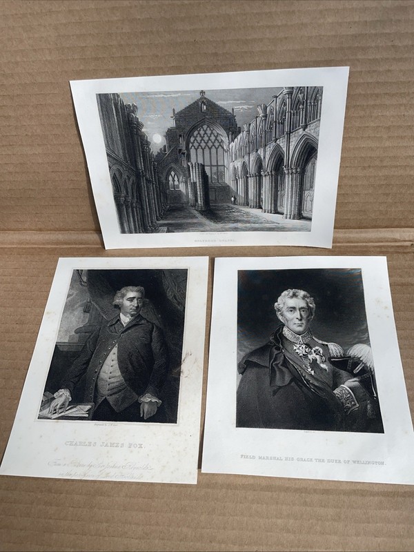 Antique 1860s Steel Engravings: Duke of Wellington, C J Fox & Holyrood Chapel
