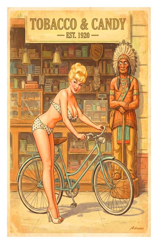 Bikini Blonde Busty Girl on Bike Heels Retro Wooden Indian Tobacco & Candy Store