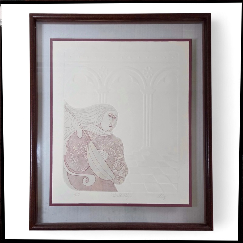Vtg Signed Alvarez Intaglio Etching Lute Player 10/150 Framed Spanish Art W/ COA