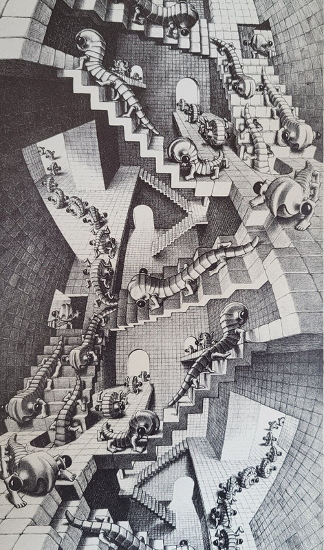 HOUSE OF STAIRS (1951 CURL-UP BUGS Crisscrossing on Stairs) by M C Escher Print
