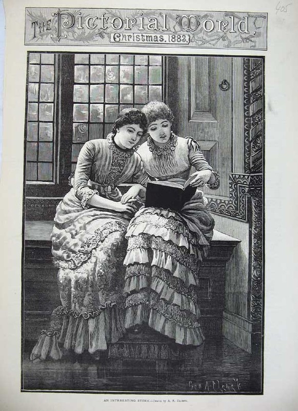Old Antique Print 1883 Beautiful Young Girls Reading Book Sitting Window 19th