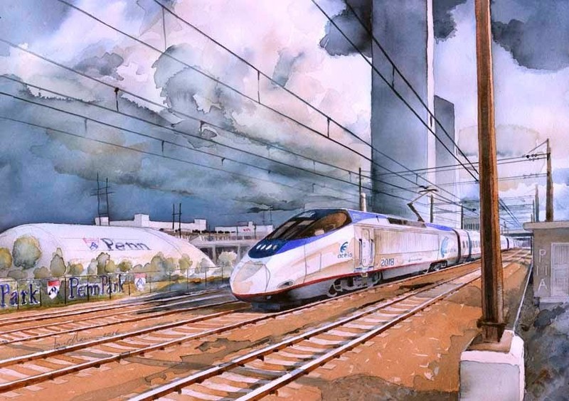 Amtrak Acela, Penn Park, U Penn, Phila. Last James Mann signed giclée art print.