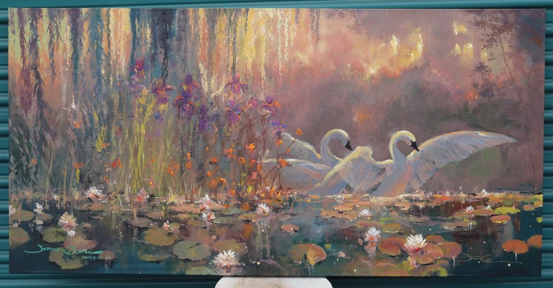 James Coleman Golden Moment Swan Lake Signed Giclee on Canvas Art Print 60x30