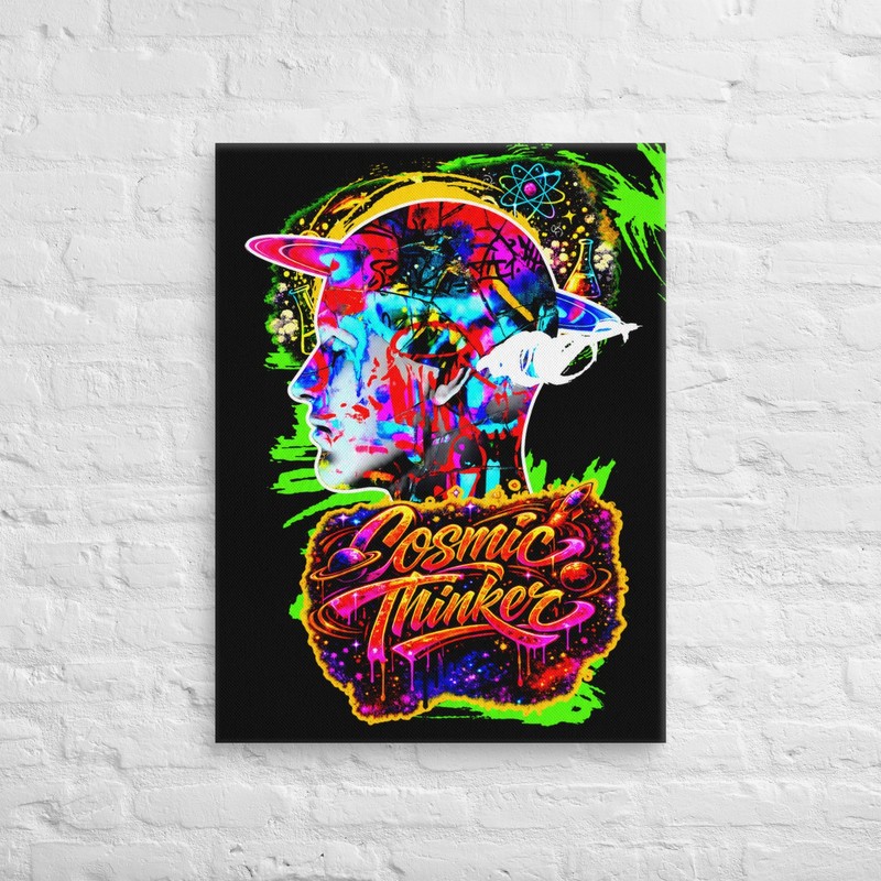 Cosmic Thinker Neon Graffiti Space Nerd Stretched Art Wall Canvas