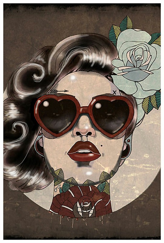 Glam by Amy Dowell Fine Art Print Rockabilly Tattooed Woman Heart Sunglasses