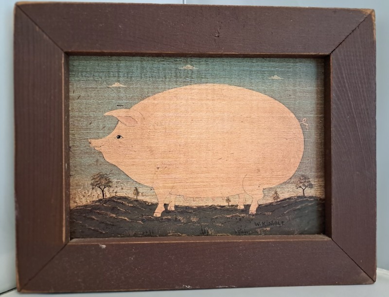 Vintage Pig Painting W. Kimble Signed Framed Art Wall Hanging Farmhouse Decor