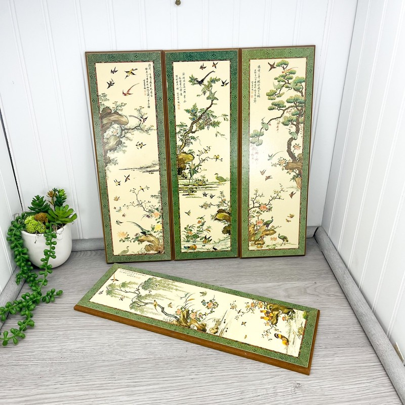 4 Large Mid Century Wood Panels Asian Birds Prints Evangeline Paint 1963 15 x 5″