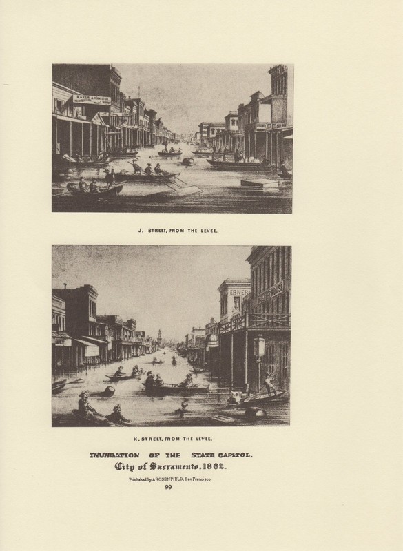 1976 Vintage CALIFORNIA «SACRAMENTO FLOOD 1862, J ST. K ST. LEVEE» Lithograph 99