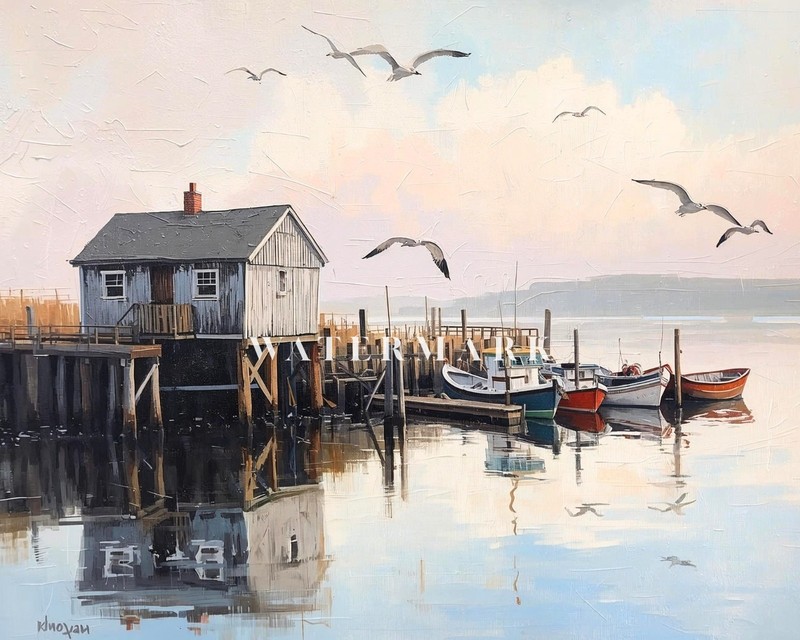 Coastal Harbor Oil Painting Print Fishing Boats Wall Art Nautical Decor Seaside