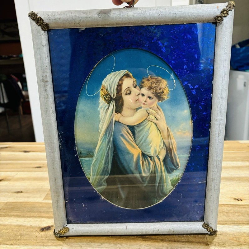 Vintage Framed Religious Lithograph Print “Mary, Mother of Our Savior” 1950s
