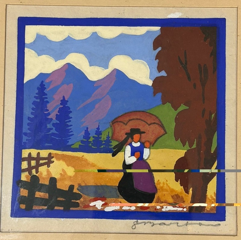 4 Antique Woodcut Paintings G. Barton Holiday Neighborly Talk Swiss Lake Set gallery