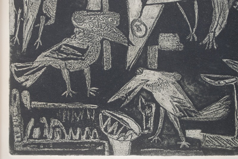 "Birds" MCM Linocut Print 1950s 9.5"x8" mat 14"x16" gallery