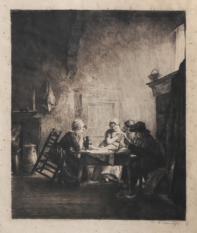 F. Schweitzer, After Dinner Scene, Etching on laid paper, signed in pencil