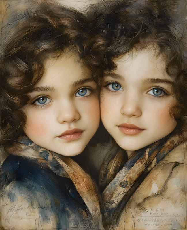 8x10 Cozy Storybook Two Children with Blue Eyes Art Print Heritage - 346074496
