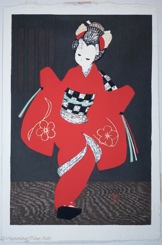 Kaoru Kawano Japanese Woodblock Dancing Figure Kamuro, FINE!