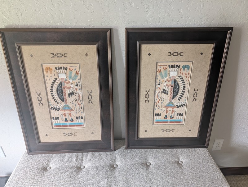 Masterpiece Pair Orlando Myerson Navajo Sand Paintings – Humpback Yei 22×30