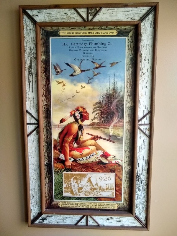 HERBERT M HERGET Calendar Lithograph Framed in Real Birch Bark Frame.