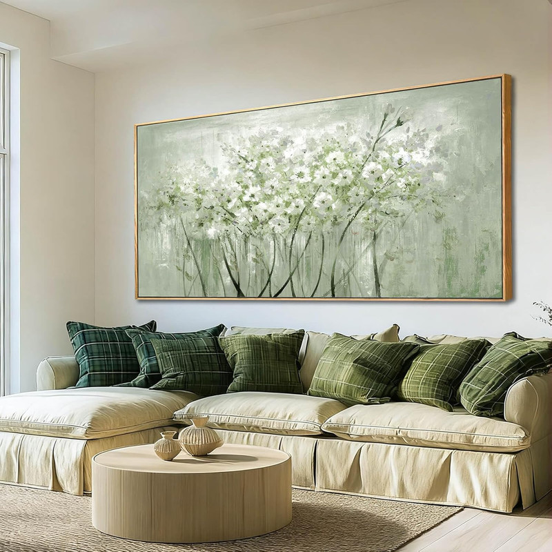 Extra Large Soft Green Floral Canvas Wall Art - 32x70 Inch Home Decor