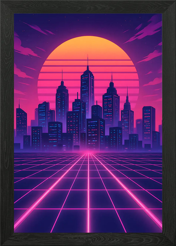 Retro Cityscape with Grid and Sunse Framed Wall Art Poster Canvas Print Picture