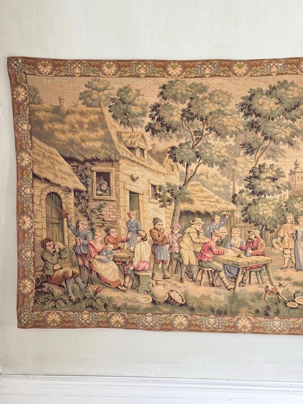 85x35 Antique French Tapestry Medieval Village Celebration Scene Verdure Landsc gallery