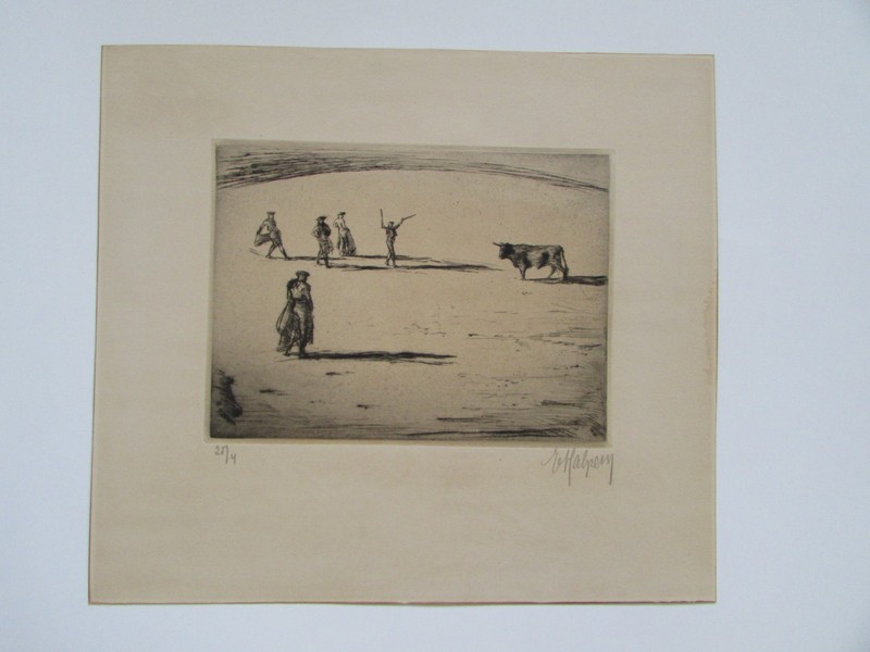 Vintage Mid Century Signed Frederick Halpern Bull & Matadors Etching gallery