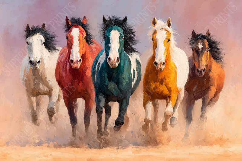 Wild Mustangs Running in Desert Wall Art Print Colorful Horse Painting Poster