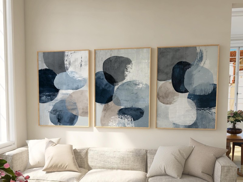 Navy Blue & Gray Geometric Abstract Wall Art Set of 3 | Modern Triptych Decor