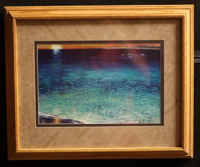 von Wening Art Framed Tommy Bahama Hawaiian Cancun Style Beach Dolphins Sunset