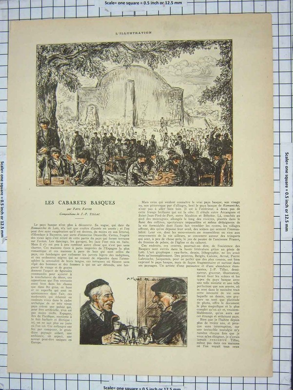 Original Old Antique Print Les Cabarets Basques French Men Drinking Colour