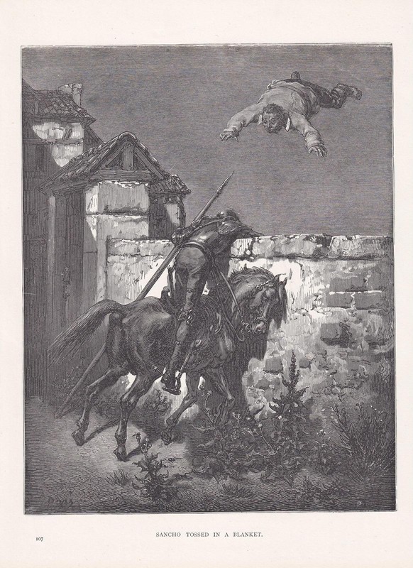 1870 GUSTAVE DORE Print - "Sancho Tossed in a Blanket" - 8.5 x 12.8 Inches