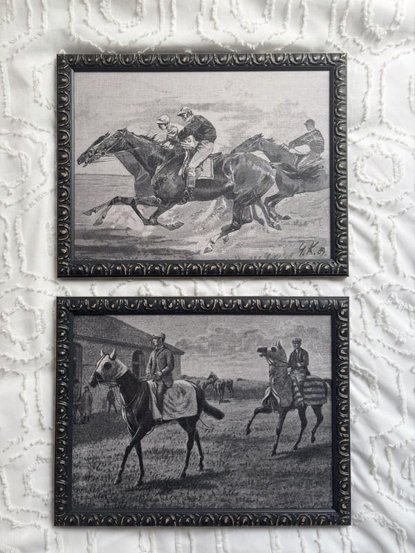 Pair of Black & White framed Fine Art Prints Horse Racing Themed Track & Stables