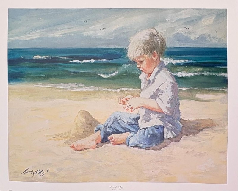 Kid playing on the Beach Lithograph 22x18 Signed