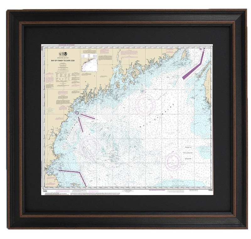 Framed Nautical Chart 13260 – Bay of Fundy to Cape Cod. NOAA 13260. Made in USA