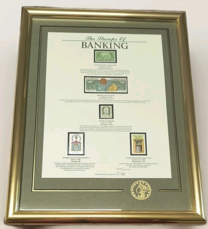 Vtg The Stamps of Banking Framed 1986 Signed 3098/10,000 Texas Stamps. Custom