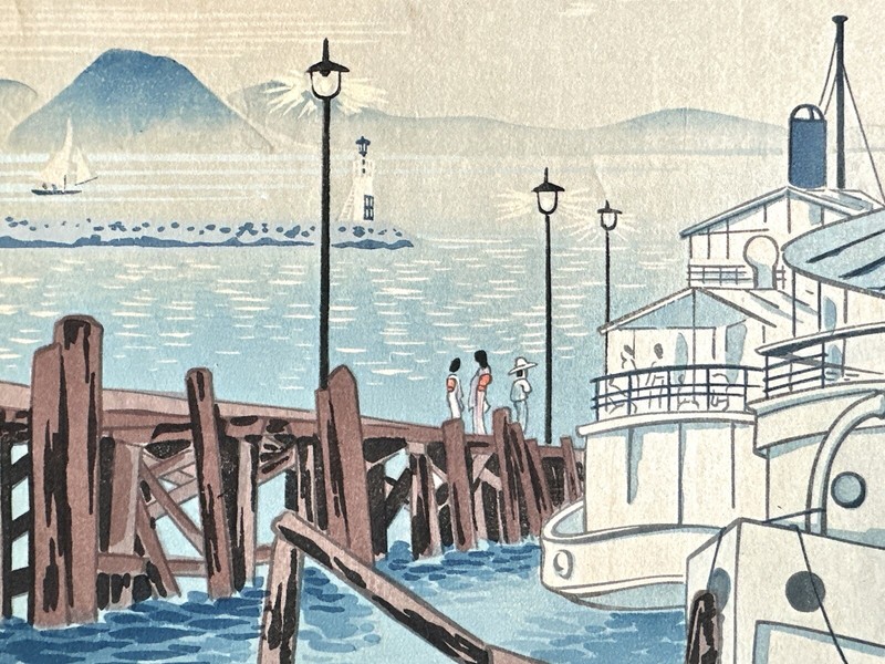 Tokuriki Tomikichiro woodblock of Evening Scene at Hama Otsu