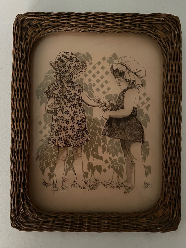 Frederic Remington Bonnet Girls Vintage 1978 Lucid Lines Wicker Frame 9×12 #176