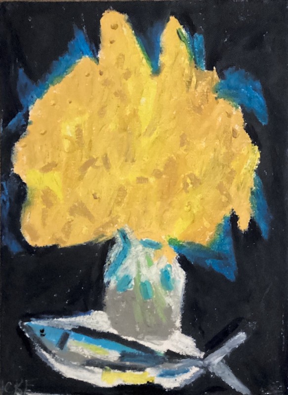 Moody Navy Blue Abstract Art 8x10 Bold Yellow Flowers Fish Midnight Still Life gallery