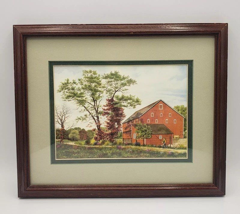 Watercolor Print Elaine Knolls Red Barn Farm Beautiful Nature Trees Framed