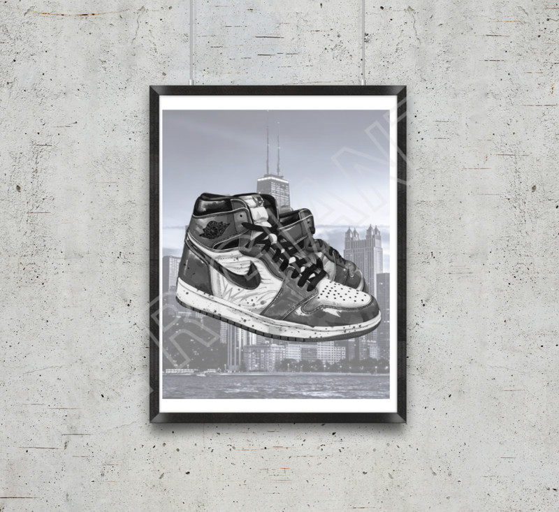 Air Jordan Nike Shoe w/City Background Art Print 11 x14- Nike, Wall Art