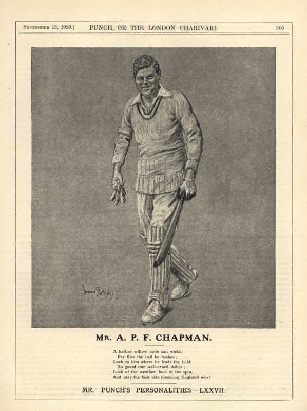 VINTAGE PUNCH MAGAZINE ILLUSTRATION: PERCY CHAPMAN – CRICKET [SPORT] – 1928