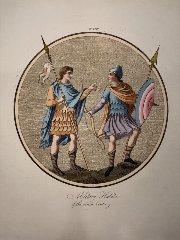 Military Habits of the Tenth Century Hand Colored Engraving 1842 Joseph Strutt!!