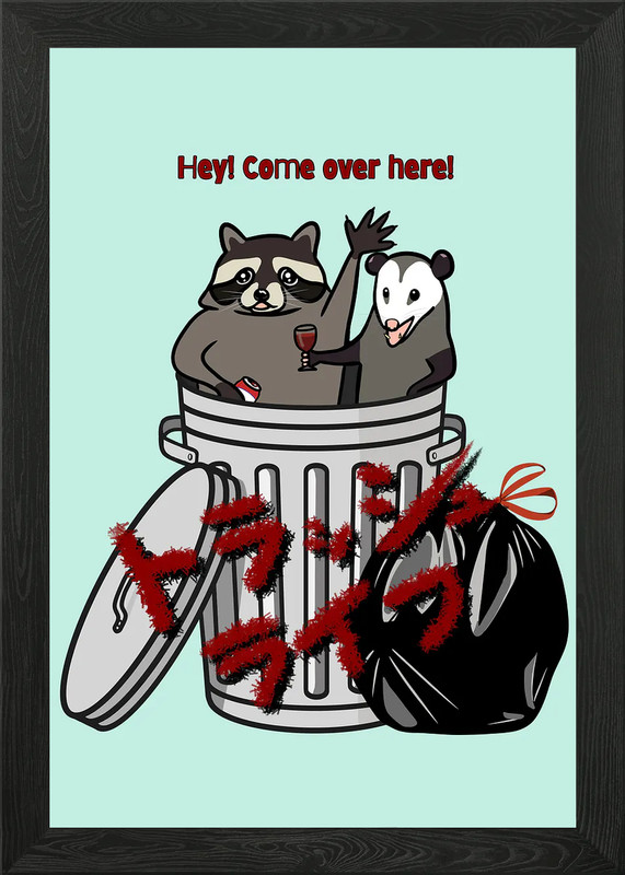 Trash Life: Racoon and Opossum Tras Framed Wall Art Poster Canvas Print Picture