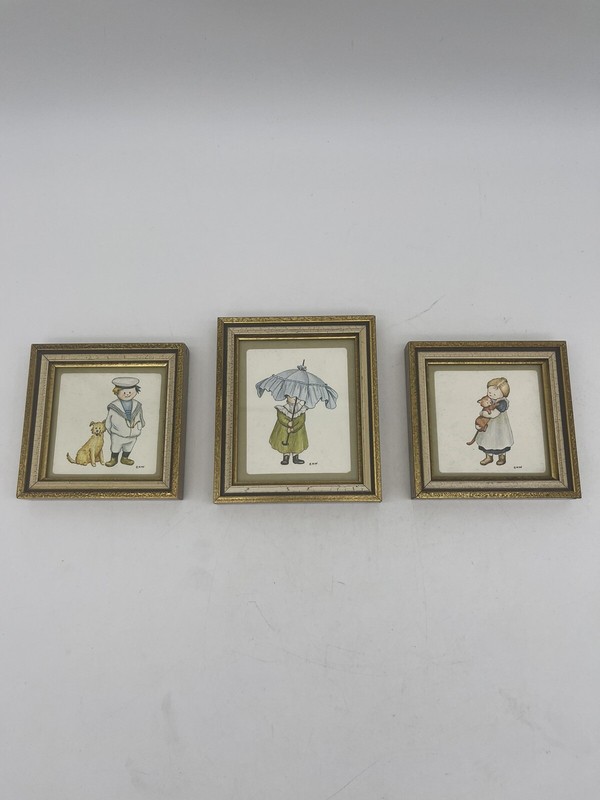 EUC Vtg (3) Miniature Victorian Children Drawings by C.R. Gibson Signed ENW