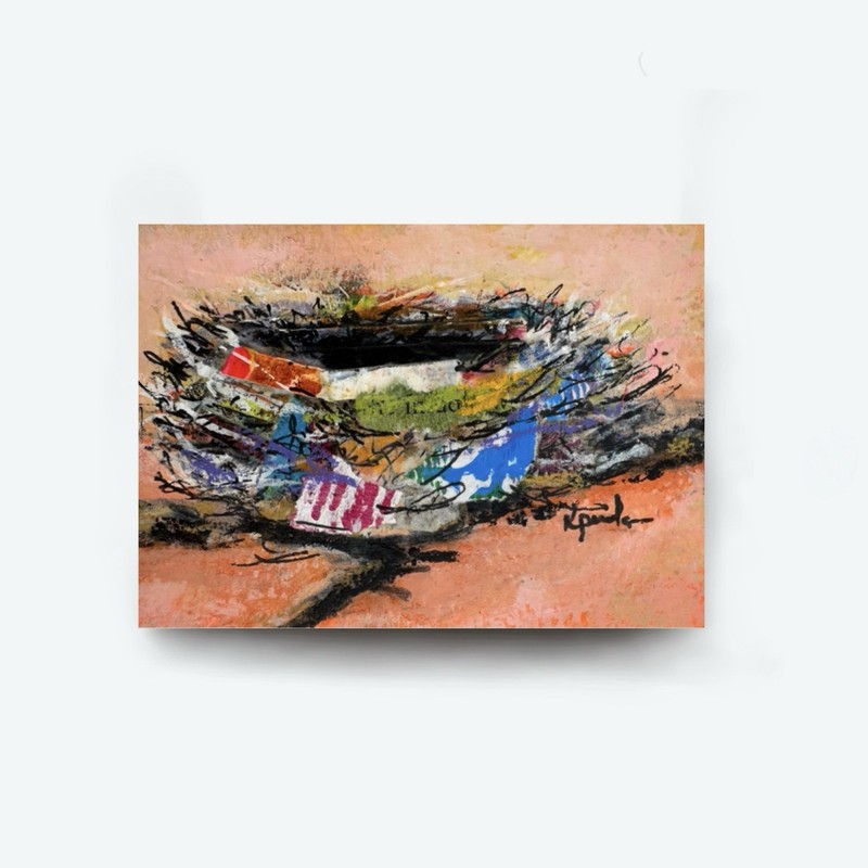Original ACEO Painting Mixed Media Collage Bird Nest Collectible Miniature Art